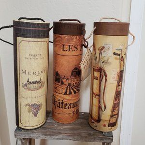 Wine Bottle Gift Box Tube Golf, France, & Merlot Décor 13" Tall x 4" Set